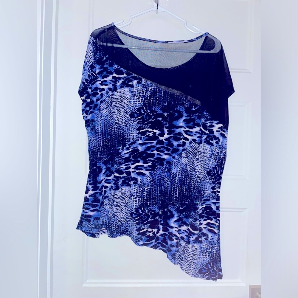 Blue Animal print asymmetrical top with black sheer for women 2X - Picture 3 of 8